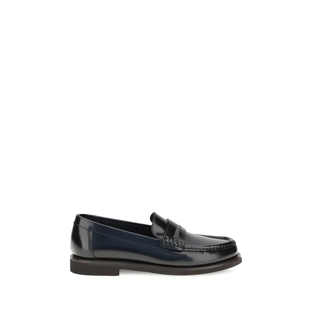 Brunello Cucinelli Black Calf Leather Bos Taurus Slip-On Loafers