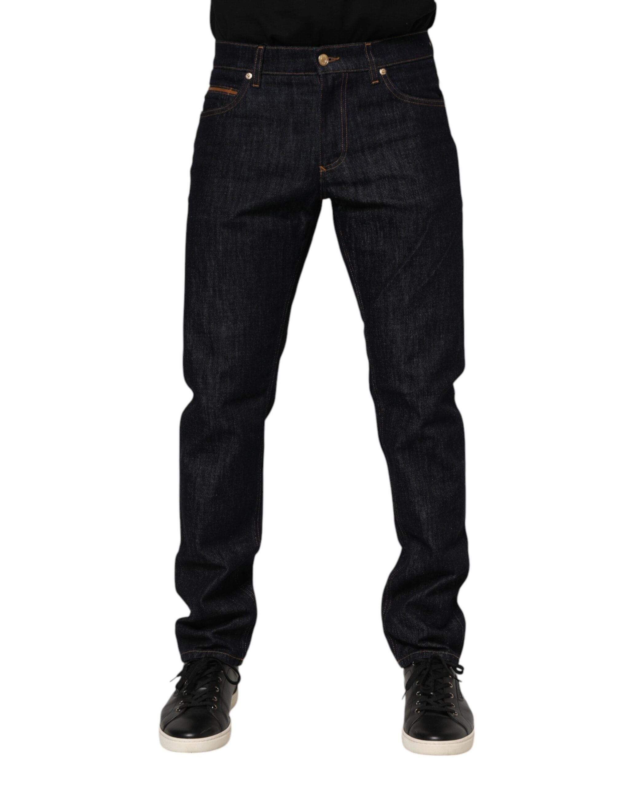 Dolce & Gabbana Dark Blue Cotton Logo Plaque Men Denim Jeans