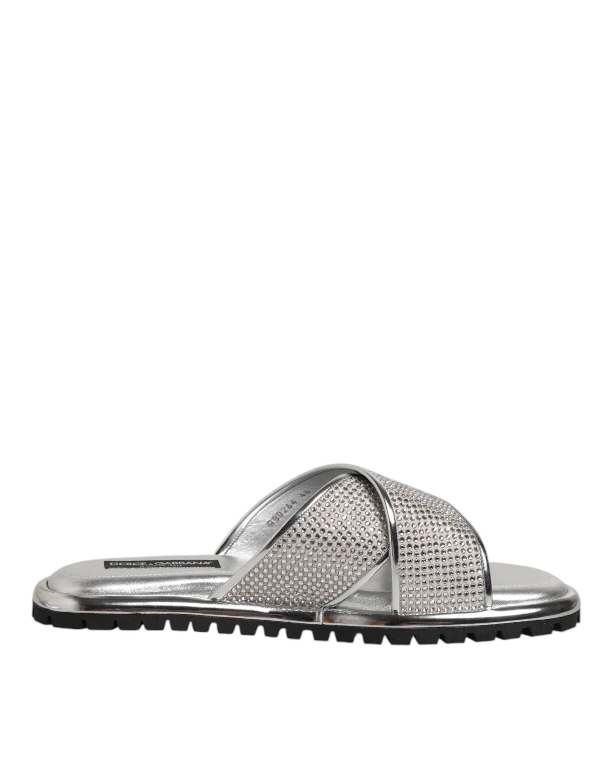 Dolce & Gabbana Silver Strass Slides Flats Slippers Shoes