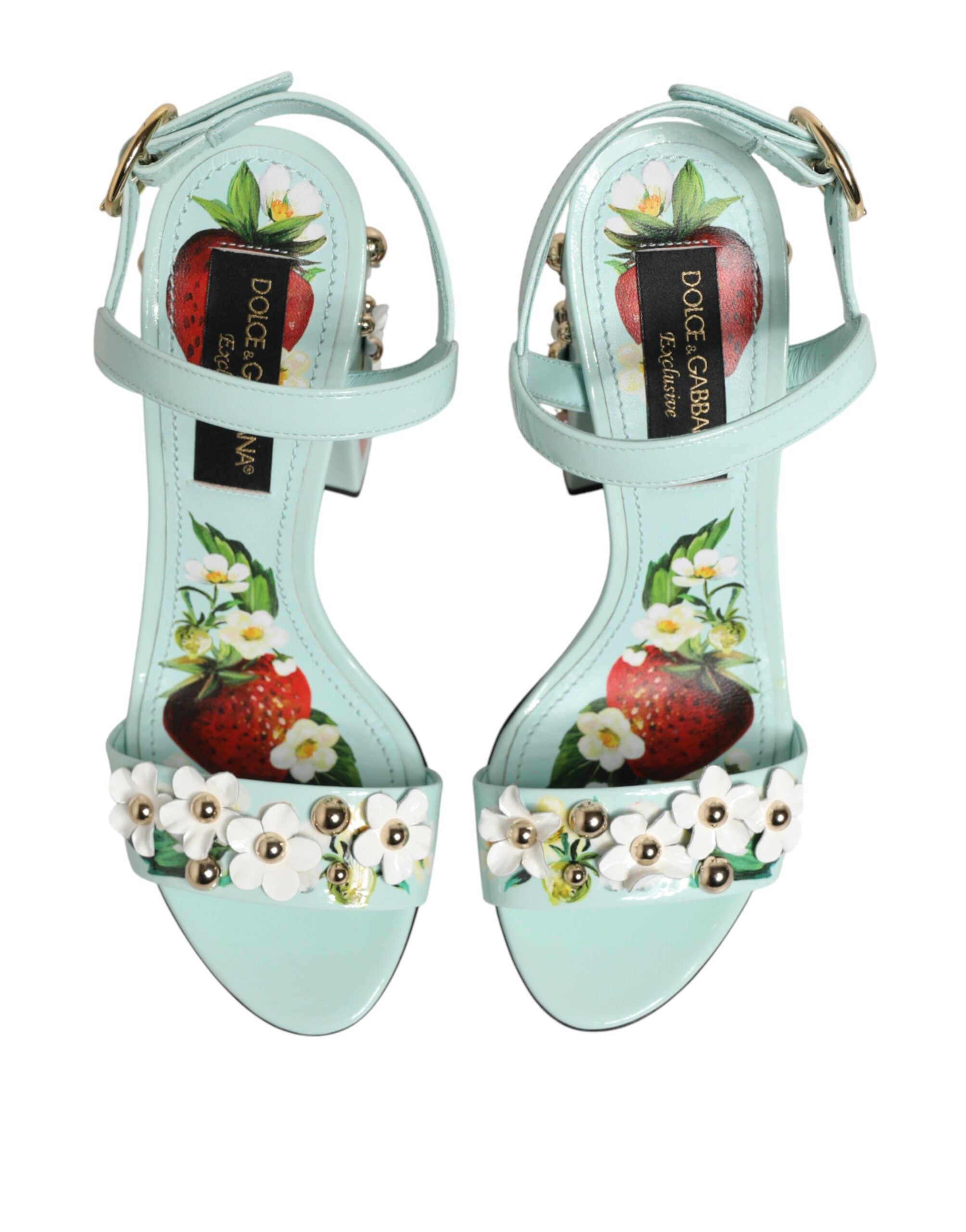 Dolce & Gabbana Mint Green Floral Studs Heels Sandals Shoes